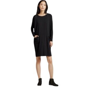 Eileen Fisher Black Ponte Knit Boatneck Shift Dress w/Pockets Long Sleeve S EUC
